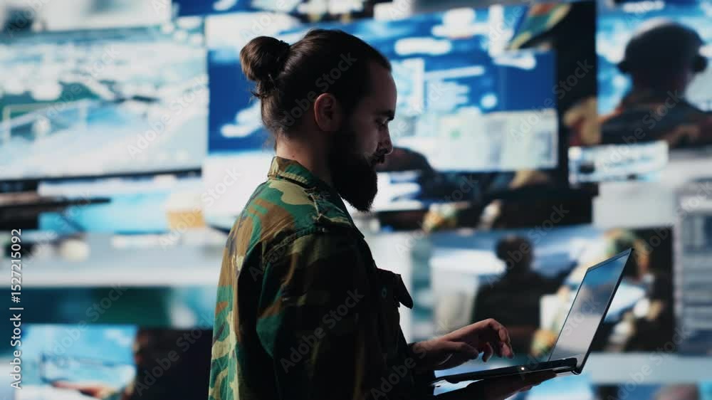 Poster officer monitoring real time combat data using advanced military systems, cyber tactics and digital 
