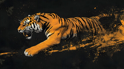A powerful tiger in motion against a dark background.