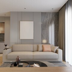 modern contemporary interior of apartment with neutral wall, beige sofa and a empty poster on the wall. 3d rendering