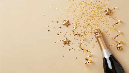 A celebratory scene featuring a champagne bottle, golden stars, and ribbons on a soft beige background, perfect for festive occasions.