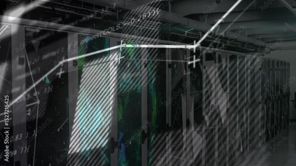 Poster data overlays emerging on server cabinets drifting and animating graphs and code scrolling insights