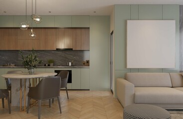 modern contemporary interior of apartment with green mint wall and mockup poster. 3d illustration