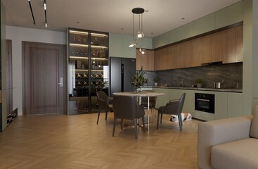 modern contemporary living room with kitchen