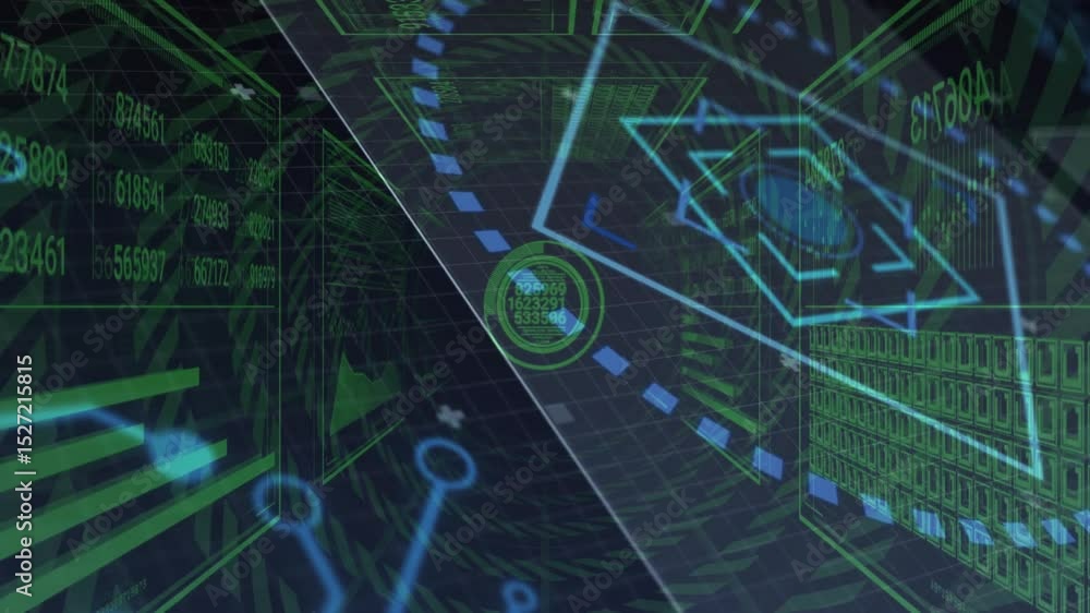 Poster grid focusing triggers holographic circle rotating updating panels linking circuits for hud display