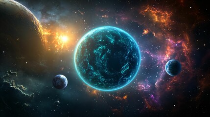Stunning Cosmic Scene with Planets and Colorful Nebulae in Space