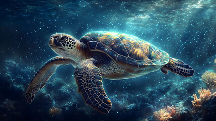 Obraz premium Sea turtle swimming in an ethereal underwater landscape.