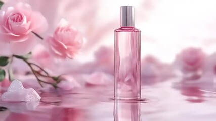 Elegant pink perfume bottle surrounded by soft pink roses and gentle water ripples in a serene setting