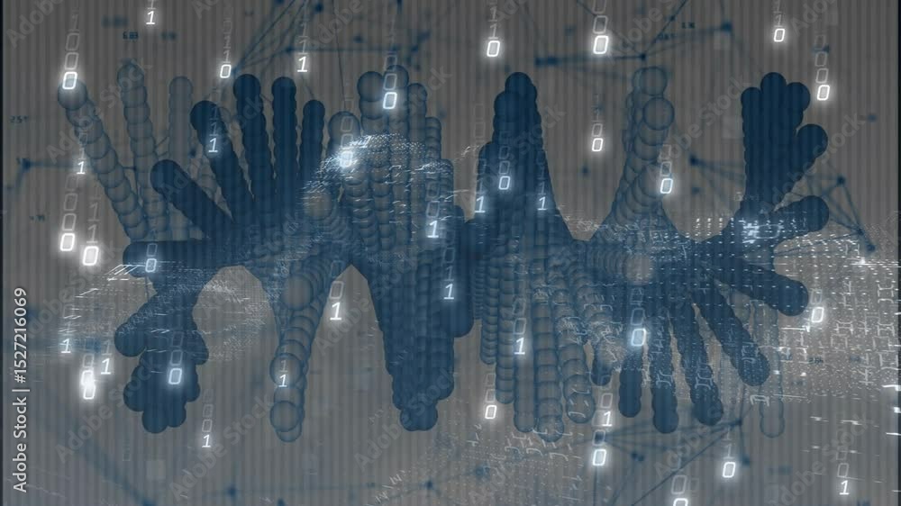 Poster on play abstract 3d waveform pulsing, binary digits drifting and particles growing for data update