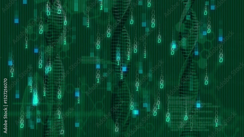 Poster 3d render showing binary digits falling, code sliding building data rain over green helix backdrop
