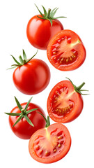Falling red tomatoes isolated on transparent background