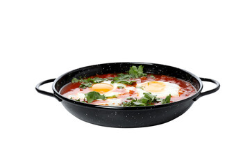 PNG,Shakshuka in black bowls, isolated on white background