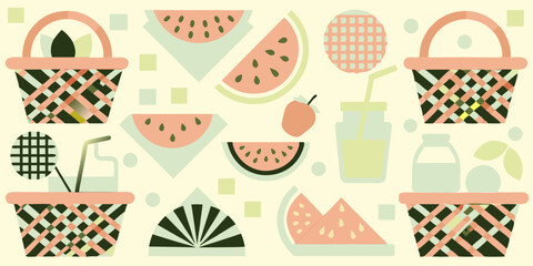 Fototapeta premium Summer Picnic Basket Watermelon, Juice, and More