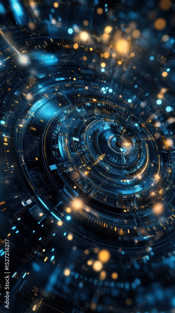 Poster abstract technology tunnel with blue and gold lights creating a futuristic space vortex effect
