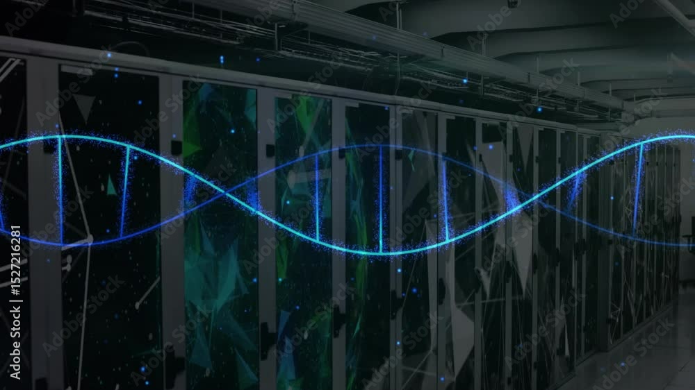 Poster neon-blue helix appearing left edge, oscillating pulsing along server racks visualizing data flow