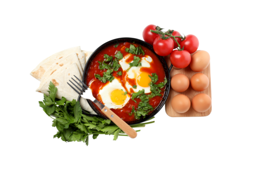 PNG, Shakshuka with fresh tomatoes and eggs, isolated on white background