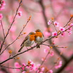 Fototapeta premium Two Robins Perched on Cherry Blossom Branch