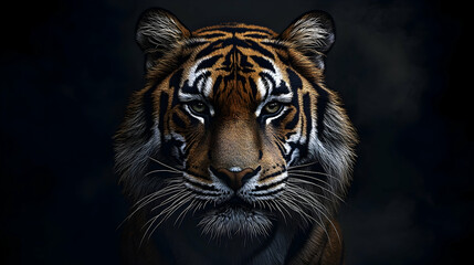 Obraz premium Close-up portrait of a tiger in the dark.