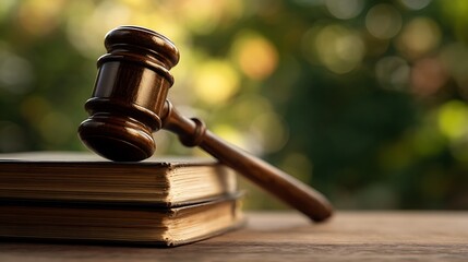 Obraz premium A Wooden Gavel Is Placed On Top Of Stacked Books With A Green Background, legal studies and jurisprudence concept
