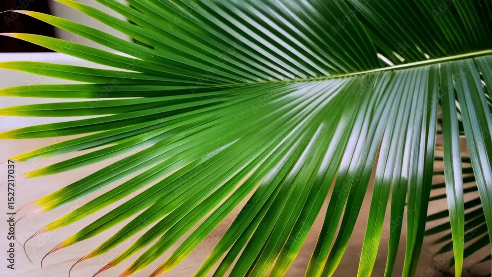 Poster close-up of a vibrant, fresh, green palm frond with visible linear patterns creating a tropical bota
