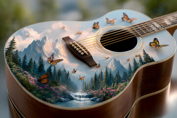 A beautifully painted acoustic guitar adorned with butterflies and landscapes, blending nature and music artfully.