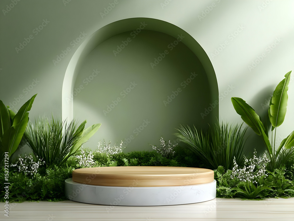 Poster a minimalist display featuring natural elements and a wooden platform set against a soft green backd