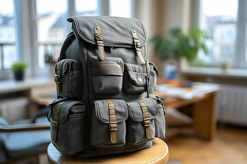 Stylish backpack with multiple pockets, perfect for everyday use or outdoor adventures in a cozy indoor setting.