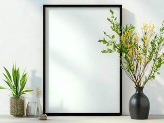 Minimalist Interior with Blank Frame, Plants and Decorative Vase