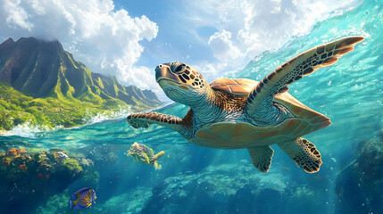 Obraz premium Sea turtle glides through turquoise water amidst lush island scenery.