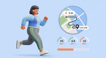 Digital Fitness Tracker Interface with Runner and Map Navigation Display