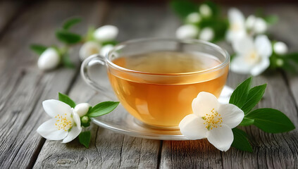 A soothing cup of herbal tea surrounded by delicate white flowers on a rustic wooden table.