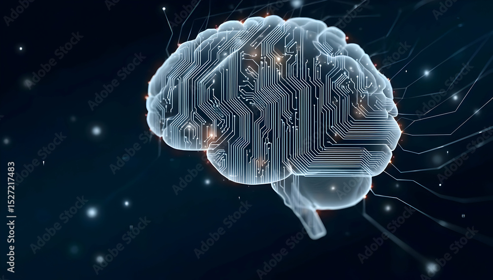 Poster futuristic digital brain with circuit patterns showcasing the fusion of technology and neuroscience.