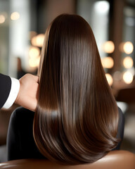 Fototapeta premium A stylist gently combing through long, shiny hair, showcasing elegance and beauty in a modern salon setting.