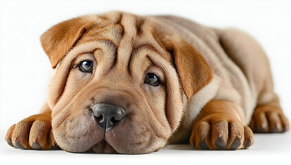 Fototapeta premium A close-up of a playful Shar Pei puppy, showcasing its unique wrinkles and expressive eyes.