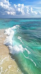 Gentle Waves Lapping on Sandy Shore under Bright Blue Sky