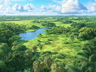 Lush Green Landscape with River and Blue Sky in Natural Setting