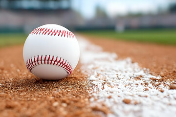 A close-up of a baseball on the field, emphasizing the texture of dirt and white chalk line.