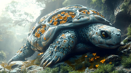 A fantastical, ornate turtle rests amongst mossy rocks.