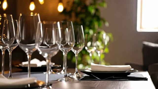 Elegant restaurant table setting featuring rows of wine glasses, plates, and soft lighting, creating a sophisticated dining atmosphere.