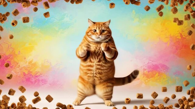 Funny cat dancing on an abstract pastel background with a dry food frame.