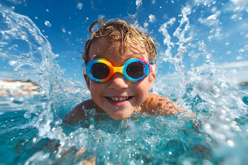 Naklejka premium Joyful boy splashing water while swimming with colorful goggles in a bright sunny pool.