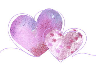 A pair of abstract watercolor hearts, a unique creative design. Two hearts on a white background, elegant illustration, sticker in pastel colors