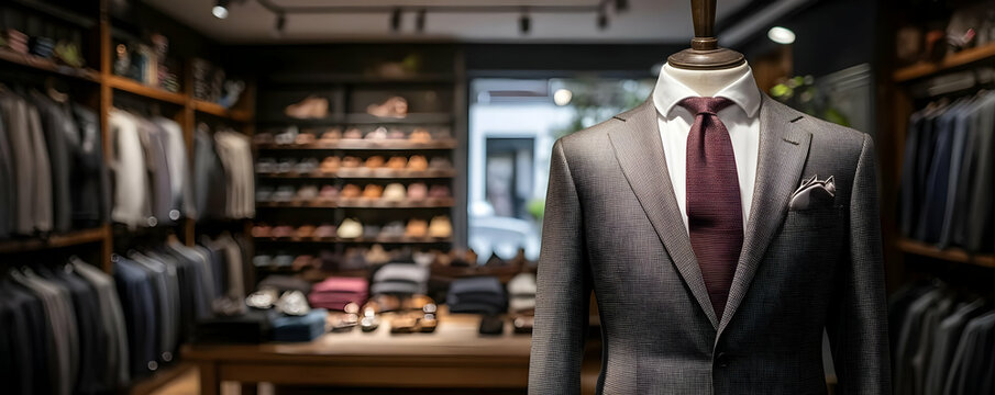 Showcasing a stylish men's suit in a modern retail store, perfect for formal occasions and professional settings.