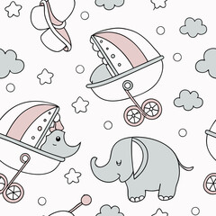 Sweet pattern with baby animals wearing oversized accessories rendered in soft pinks and baby blues. Pacifiers and tiny hats add a touch of cuteness against the fluffy clouds background.