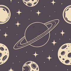 Elegant pattern featuring the phases of the moon rendered in varying shades of gray and gold.  Planet rings and comets add depth and intrigue against the dark purple backdrop.