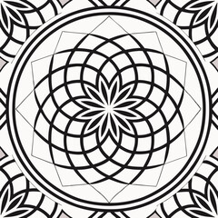 Intriguing mandala pattern with optical illusions and hidden imagery rendered in black and white with subtle color shifts. Impossible shapes and repeating patterns add a touch of visual complexity ag