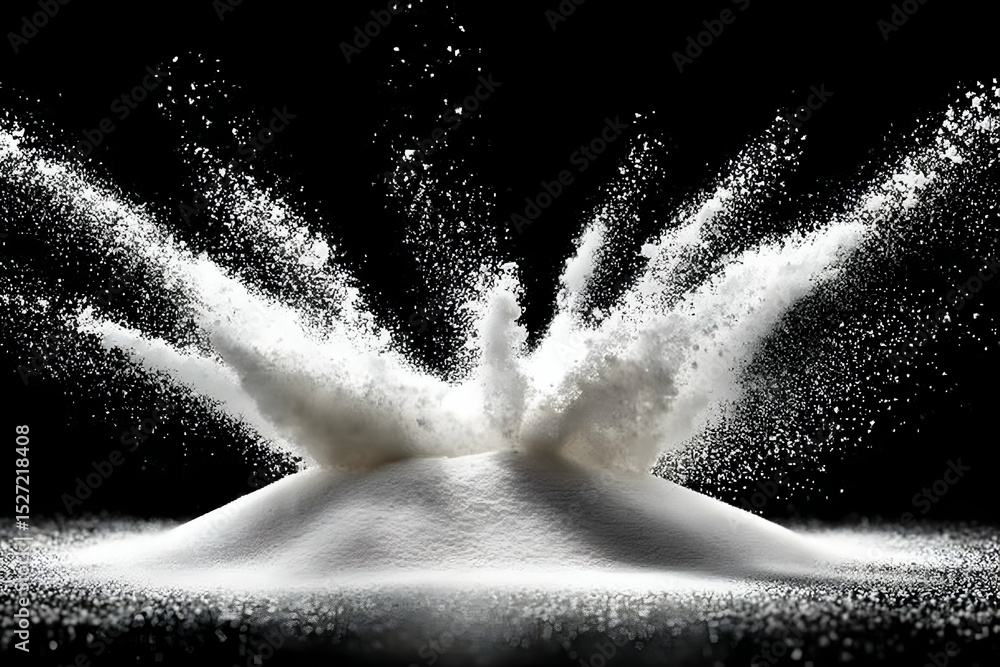 Poster a cloud of white flour explodes in the air, creating a dramatic and artistic effect against a black 