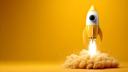 A playful cartoon rocket launching against a bright yellow background, symbolizing adventure and innovation.