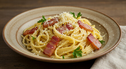 Creamy Spaghetti Carbonara with Crispy Pancetta on Rustic Plate