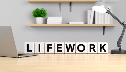 ライフワークを意味する英単語のLIFEWORKの文字が書かれた木製のキューブブロック。AIで生成	