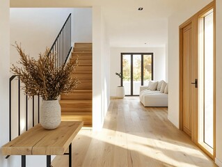 Bright Modern Hallway with Stairs and Cozy Living Room View
